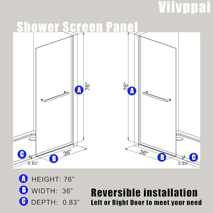 Shower Screen 36" x 76" Shower Wall Panel Matte Black Towel Bar | Tempered Glass 3/8 inch, Half Frameless Shower Wall Panel, Easy to clean Coating, Fixed Glass Shower Door With Hardware