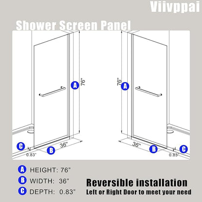 Shower Screen 36" x 76" Shower Wall Panel Matte Black Towel Bar | Tempered Glass 3/8 inch, Half Frameless Shower Wall Panel, Easy to clean Coating, Fixed Glass Shower Door With Hardware