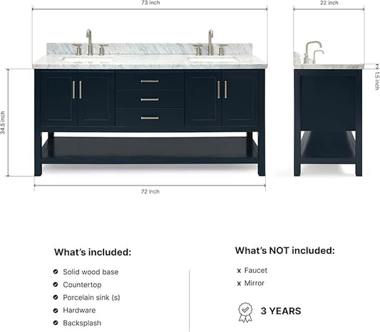 ARIEL Magnolia 72-inch Bathroom Vanity with Sink,Solid Wood, 1.5-inch Italian Carrara Marble Countertop, Double Rectangular Porcelain Sink, 4 Soft Closing Doors, 3 Dovetail Drawers, Midnight Blue