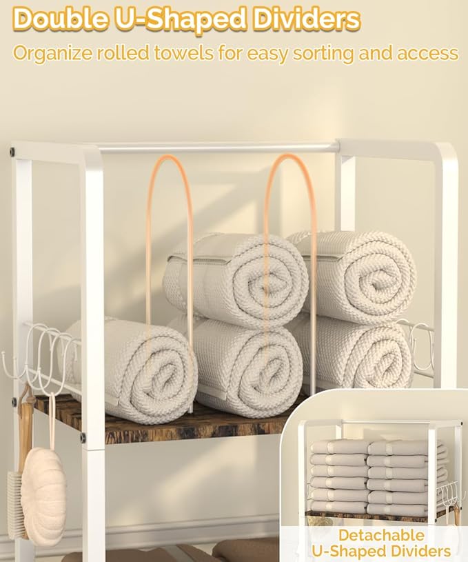 Mondazie Towel Racks for Bathroom Storage Shelves Free Standing, White | 3-Tier Bathroom Towel Rack with Detachable Dividers, Pool Towel Holder Stand with 8 Hooks, Bath Towel Organizer for Poolside