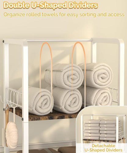 Mondazie Towel Racks for Bathroom Storage Shelves Free Standing, White | 3-Tier Bathroom Towel Rack with Detachable Dividers, Pool Towel Holder Stand with 8 Hooks, Bath Towel Organizer for Poolside