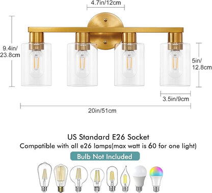 4 Light Gold Bathroom Vanity Light, Brushed Brass Bathroom Light Fixtures with Clear Glass Shade, Modern Wall Lamp Sconce Lighting for Bath Mirror Bedroom Living Room Hallway Porch