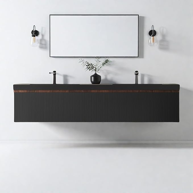 Wall Mounted Bathroom Sink Vanity, Modern 72" Floating Vanity with 2 Resin Top Basins and 2 U-Shaped Soft-Close Storage Drawers, Striped Bathroom Storage Cabinet with Invisible Handle, Black