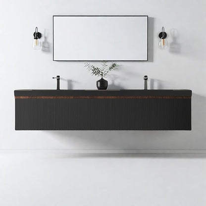 Wall Mounted Bathroom Sink Vanity, Modern 72" Floating Vanity with 2 Resin Top Basins and 2 U-Shaped Soft-Close Storage Drawers, Striped Bathroom Storage Cabinet with Invisible Handle, Black