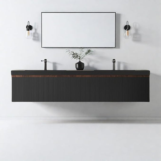 Wall Mounted Bathroom Sink Vanity, Modern 72" Floating Vanity with 2 Resin Top Basins and 2 U-Shaped Soft-Close Storage Drawers, Striped Bathroom Storage Cabinet with Invisible Handle, Black