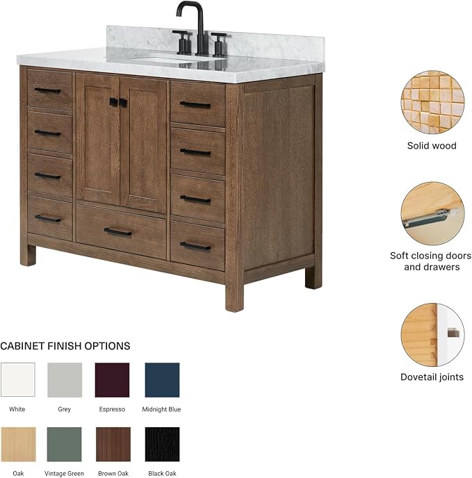 Beckford 48-Inch Brown Oak Single Bathroom Vanity with Sink, 1.5-Inch Edge Italian Carrara Marble Countertop & 4" Backsplash, Soft-Closing Doors & Drawers, Solid Oak Wood Construction