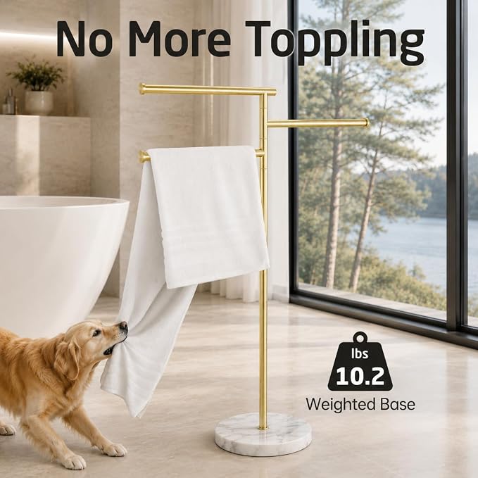 KES 40-Inch Freestanding Towel Rack with Weighted Marble Base, Brushed Gold | 10.2 Lb Natural Stone Base, 3 Swivel Arms, SUS304 Stainless Steel, Anti-Slip, Quick-Dry Design