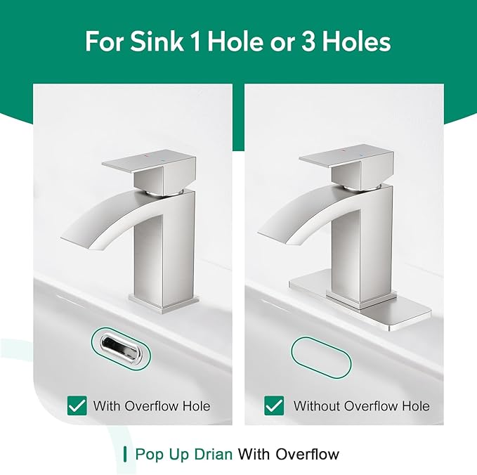 CREA Waterfall Bathroom Faucet 1 Hole Single Handle Brushed Nickel Stainless Steel Modern Basin Mixer Tap 3 Hole Deck Plate RV Vanity(Pop Up Drain/cUPC Supply Line)