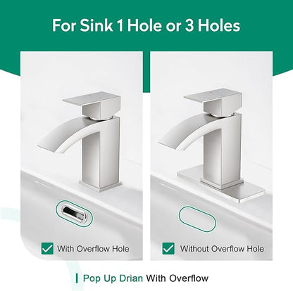 CREA Waterfall Bathroom Faucet 1 Hole Single Handle Brushed Nickel Stainless Steel Modern Basin Mixer Tap 3 Hole Deck Plate RV Vanity(Pop Up Drain/cUPC Supply Line)