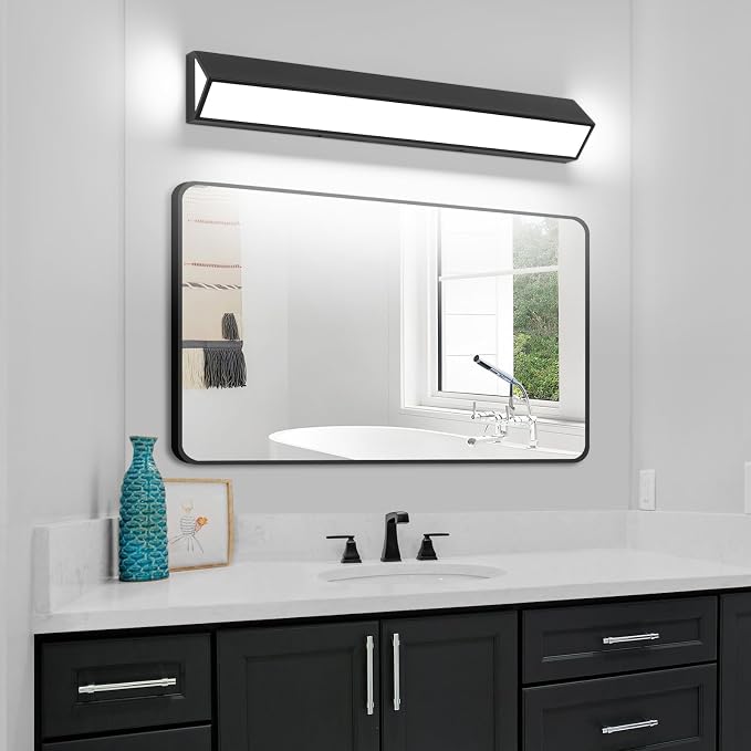 32-Inch LED Modern Bathroom Vanity Light Fixtures, Matte Black Modern Acrylic Bathroom Wall Lighting Fixtures Over Mirror (Cool White 6000K)
