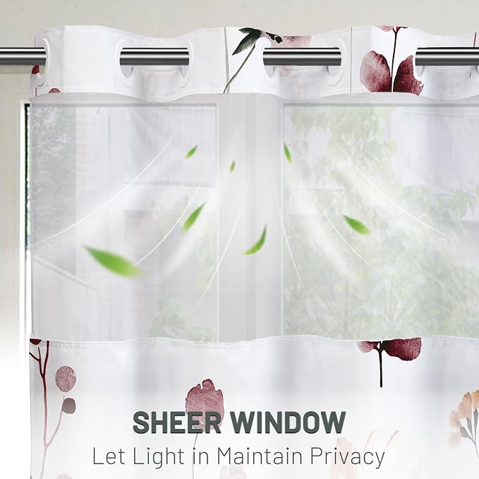 No Hook Floral Shower Curtain with Liner, Burgundy Flower, 71x74 | Snap in Liner, 3 in 1, Water Repellent, Easy Install, Machine Washable, Hotel Style for Bathroom, Watercolor Pattern