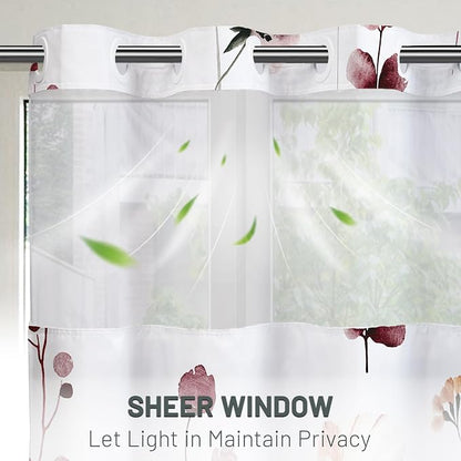 No Hook Floral Shower Curtain with Liner, Burgundy Flower, 71x74 | Snap in Liner, 3 in 1, Water Repellent, Easy Install, Machine Washable, Hotel Style for Bathroom, Watercolor Pattern