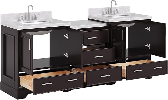 ARIEL Stafford 84-inch Bathroom Vanity with Sink,Solid Wood, 1.5in Italian Carrara Marble Countertop, Double Rectangular Porcelain Sink, 4 Soft Closing Doors, 5 Dovetail Drawers, Espresso