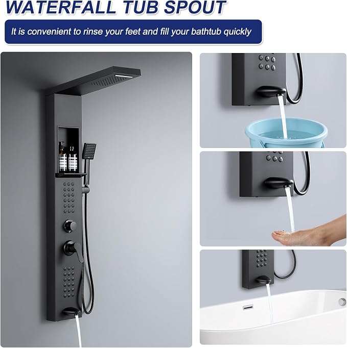 5 in 1 Rainfall Waterfall Shower Panel Tower with Shelf, Matte Black | Stainless Steel Shower Column with Powerful Body Jets, Flexible Handheld Shower and Tub Spout