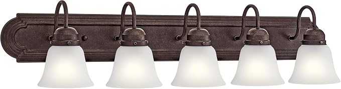 Kichler 5-Light Bathroom Vanity Light, Tannery Bronze | Damp-rated vanity light with satin etched glass (36" x 8" x 5"), 5339TZS