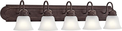 Kichler 5-Light Bathroom Vanity Light, Tannery Bronze | Damp-rated vanity light with satin etched glass (36" x 8" x 5"), 5339TZS
