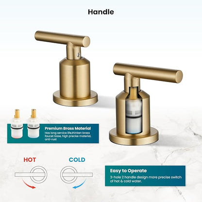 gotonovo 8 Inch Widespread Bathroom Sink Faucet 3 Hole 2 Handles Lavatory Basin with Pop Up Drain with Hot and Cold Mixer Valves Vintage Brushed Gold