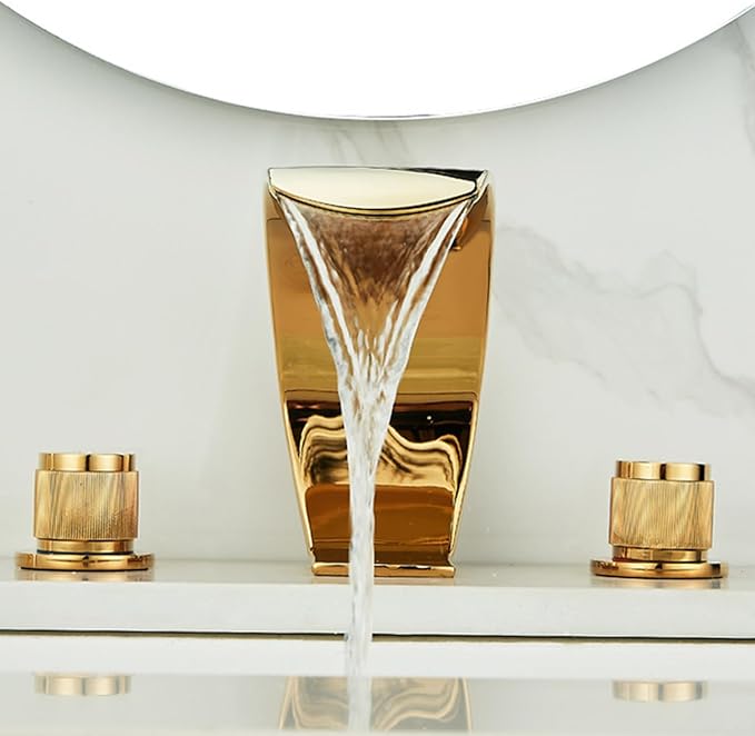 Bathroom Basin Mixer Faucet 3 Hole Waterfall 3 Hole Basin Faucets Brass-Gold