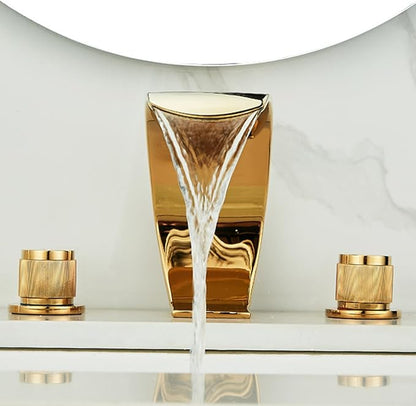 Bathroom Basin Mixer Faucet 3 Hole Waterfall 3 Hole Basin Faucets Brass-Gold