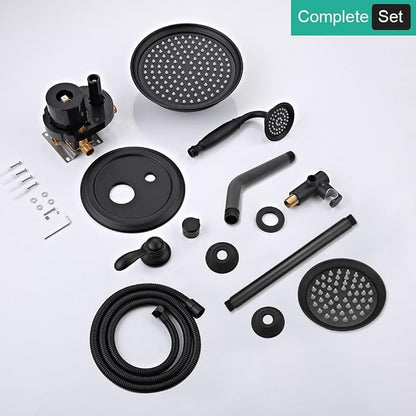 Dual Rain Shower Head System with Handheld Antique Faucet Set | Matte Black Finish, Multi-layer Plating, Vintage Rainfall, 3 Way Diverter Brass Valve with Trim Kit, Easy Install