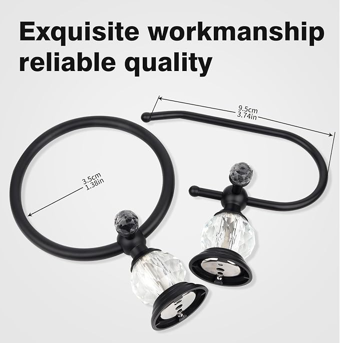 2 Pieces Sets Black Crystal Series Toilet Paper Holder Wall Mouted Towel Ring, Gold Round Hand Towel Rack Decorative for Bathrooms
