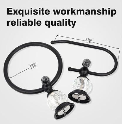 2 Pieces Sets Black Crystal Series Toilet Paper Holder Wall Mouted Towel Ring, Gold Round Hand Towel Rack Decorative for Bathrooms