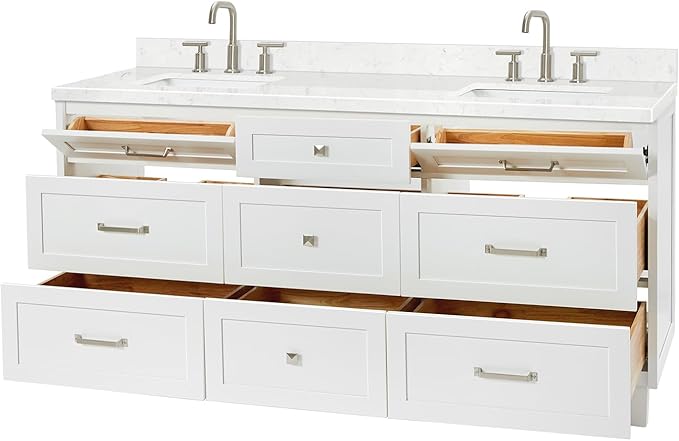 ARIEL Monroe 72-inch Bathroom Vanity with Sink,Solid Wood, 1.5-inch Carrara White Quartz Countertop & Backsplash, Double Oval Porcelain Sink, 9 Dovetail Drawers, Brushed Nickel, White