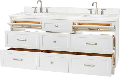 ARIEL Monroe 72-inch Bathroom Vanity with Sink,Solid Wood, 1.5-inch Carrara White Quartz Countertop & Backsplash, Double Oval Porcelain Sink, 9 Dovetail Drawers, Brushed Nickel, White