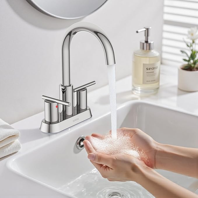 Hurran 4 Inch Bathroom Faucet for Sink 3 Hole, Chrome Bathroom Faucet with Pop-up Drain and 2 Supply Hoses,Stainless Steel Lead-Free 2-Handle Centerset Faucet for Sink Vanity RV