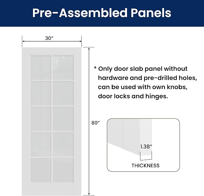 SMARTSTANDARD 30" x 80" Clear Glass French Interior Solid Core Door Slab | 10-Lite Glass Pantry Door for Bathroom Laundry Pocket, Pre-Assembled Panel without Hardware, White Primed
