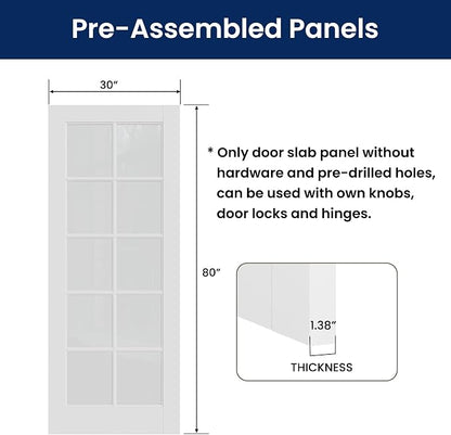 SMARTSTANDARD 30" x 80" Clear Glass French Interior Solid Core Door Slab | 10-Lite Glass Pantry Door for Bathroom Laundry Pocket, Pre-Assembled Panel without Hardware, White Primed