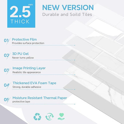 STICKGOO 10-Sheet Subway Peel and Stick Backsplash Tiles Carrara White | Waterproof 3D PVC wall tiles with strong adhesive, extra thick for kitchen backsplash and bathroom walls