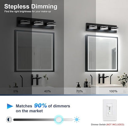 Vanity Lights for Bathroom, Matte Black Bathroom Light Fixtures Over Mirror, 3-Light Modern LED Wall Sconce Makeup Lighting, 350° Rotatable, Dimmable 6000K Cool White, Hardwired
