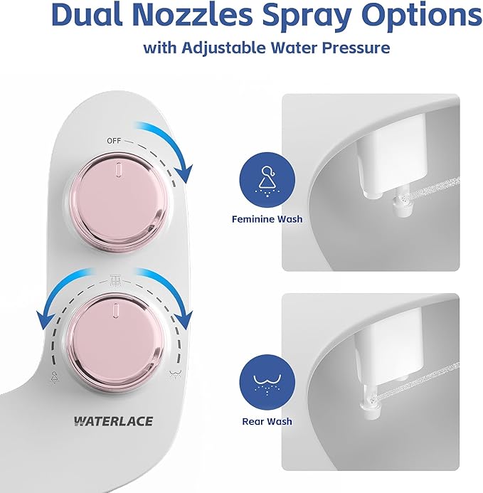 Bidet Attachment for Toilet, Self-Cleaning Dual Retractable Nozzles Bidet, Non-Electric Adjustable Water Pressure for Hygienic Rear & Feminine Wash, Easy Installation Ultra-Slim (Rose Gold)
