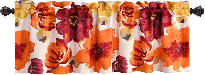 Lush Decor Leah Floral Light Filtering Valance, 52" W x 18" L, Red & Orange - Valances for Windows - Parisian Decor - Farmhouse Kitchen Curtains Valance