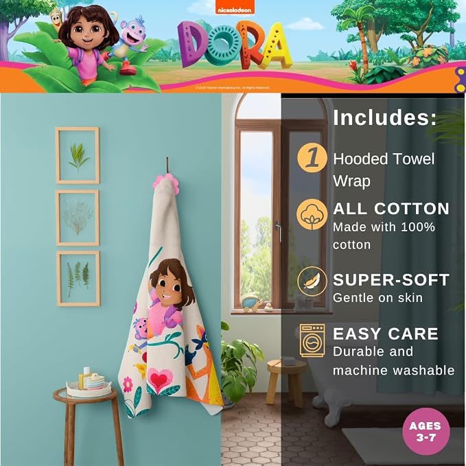 Dora The Explorer Kids Super Soft Bath/Pool/Beach Soft Cotton Terry Hooded Towel Wrap, 24 in x 50 in, (Officially Licensed Product) by Franco