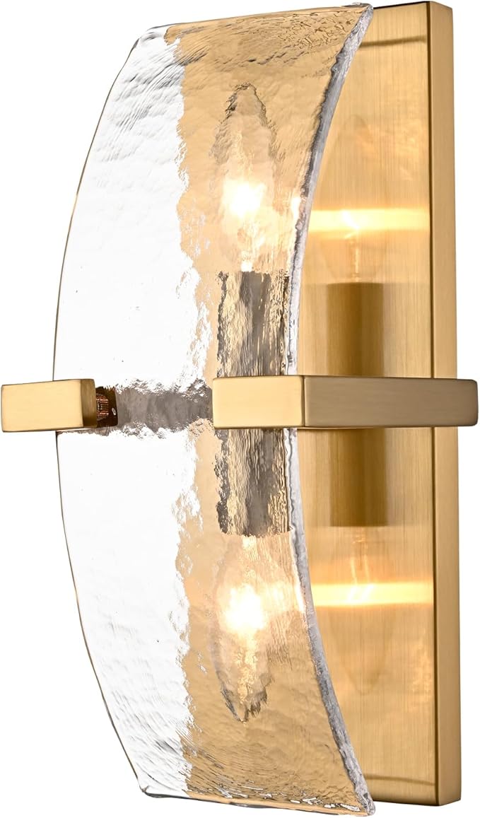 2-Light Modern Gold Wall Sconce with Water Rippled Glass Shades | 13 Inch Hardwired Indoor Wall Light with Gold Finish for Hallway, Living Room, Bedroom, Kitchen