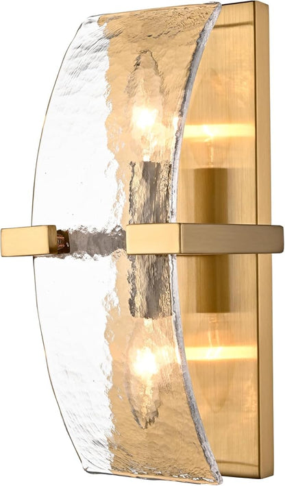 2-Light Modern Gold Wall Sconce with Water Rippled Glass Shades | 13 Inch Hardwired Indoor Wall Light with Gold Finish for Hallway, Living Room, Bedroom, Kitchen