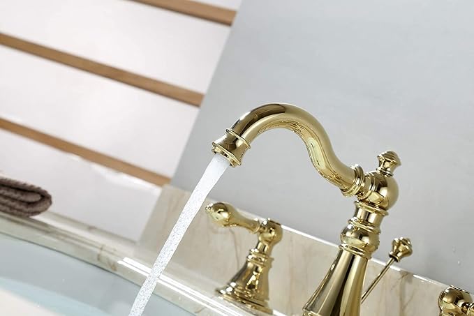 Gold Finish Bathroom Faucet 8 Inch Widespread Polished Brass,Two-Handle Sink Faucet 3 Hole with Brass Pop up Drain Assembly, F-8303-PB