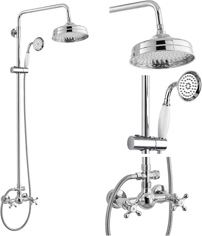gotonovo Luxury Exposed Shower Faucet Set Bathroom Shower System 8 Inch Wall Mount Rainfall Shower Head with Handheld Spray Cross Double Handle Shower Fixture Adjustable Straight Rod Polish Chrome