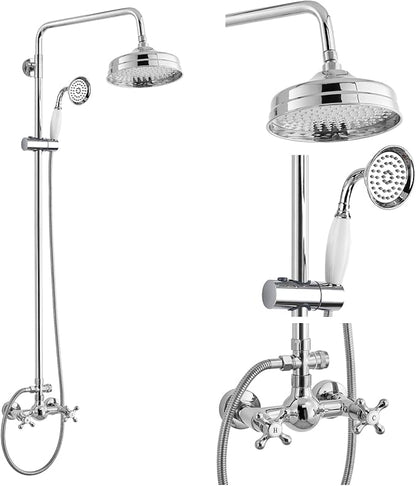 gotonovo Luxury Exposed Shower Faucet Set Bathroom Shower System 8 Inch Wall Mount Rainfall Shower Head with Handheld Spray Cross Double Handle Shower Fixture Adjustable Straight Rod Polish Chrome
