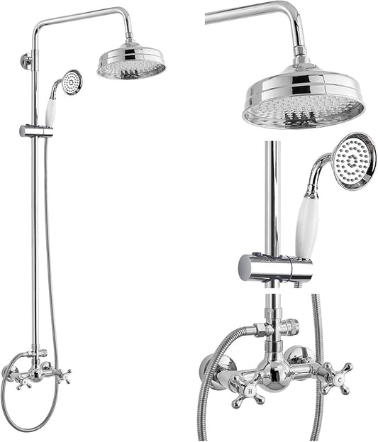 gotonovo Luxury Exposed Shower Faucet Set Bathroom Shower System 8 Inch Wall Mount Rainfall Shower Head with Handheld Spray Cross Double Handle Shower Fixture Adjustable Straight Rod Polish Chrome
