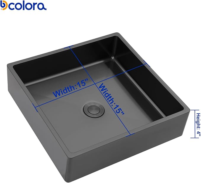 Dcolora 15 In. Black Drop In Bathroom Vessel Sink, 16 Gauge Stainless Steel Vanity Sink with Drain Assembly, R10 Rounded Corners,15”D x 15”W x 4”H #DC-VS261201