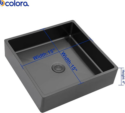 Dcolora 15 In. Black Drop In Bathroom Vessel Sink, 16 Gauge Stainless Steel Vanity Sink with Drain Assembly, R10 Rounded Corners,15”D x 15”W x 4”H #DC-VS261201