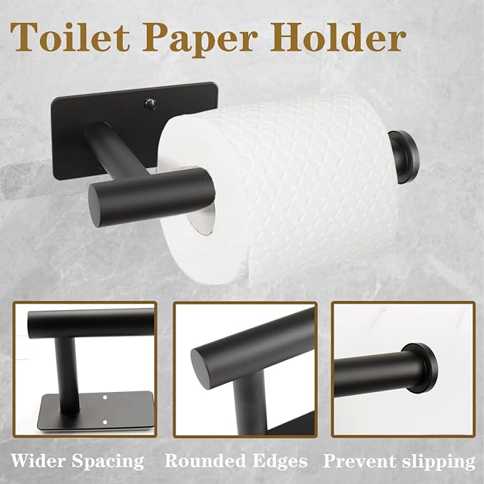 5 PCS Self Adhesive Bathroom Hardware Set, Stainless Steel Towel Rack Set Include Adjustable 24In Bath Towel Bar+Toilet Paper Holder+3 Towel/Robe Hooks Bathroom Accessory(Matte Black)