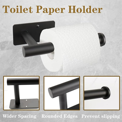 5 PCS Self Adhesive Bathroom Hardware Set, Stainless Steel Towel Rack Set Include Adjustable 24In Bath Towel Bar+Toilet Paper Holder+3 Towel/Robe Hooks Bathroom Accessory(Matte Black)