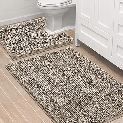 H.VERSAILTEX Bathroom Rugs Bath Rug Set 2 Piece Bathroom Contour Rug Toilet Mat Sets Non Slip Contour Bath Rug Ultra Thick Water Absorbent Striped Bath Mats Washable(36" x 24" Plus 20" x 24" U, Taupe)