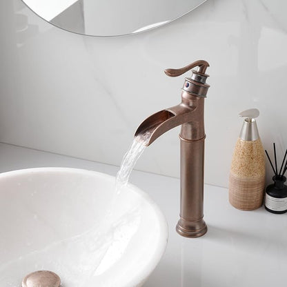 Copper Vessel Sink Faucet Tall Brass Waterfall Faucet for Vessel Sink | Bathroom Faucets Farmhouse Single Hole Single Handle Vanity Lavatory Without Overflow Pop Up Drain for Washroom by BATHLAVISH