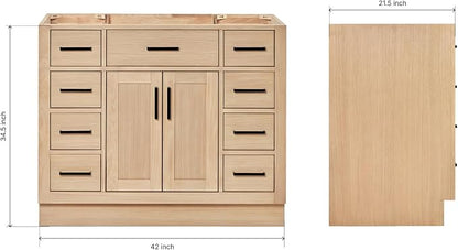 ARIEL Hepburn 42-inch Bathroom Vanity Base Cabinet,Solid Wood, 2 Soft Closing Doors, 9 Dovetail Drawers, White Oak