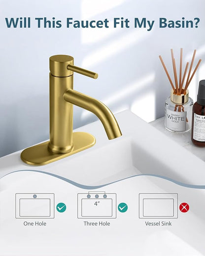 Aolemi Bathroom Faucet Single Hole,Single Handle Bathroom Sink Faucet with Supply Lines,with Pop Up Drain Assembly and Deck Plate,Gold